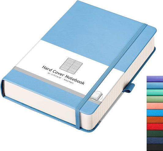 AHGXG Lined Journal Notebook, 320 Numbered Pages, A5 (5.75'' X 8.38'') | Thick Lined Notebook for Note Taking, 100GSM Paper, Leather Hardcover, for Women Men (Light Blue)