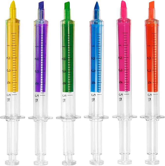 Hutou 6 Syringe Ballpoint Pens + 6 Syringe Highlighters, 12 Set | Syringe Pen Multi Color Novelty Pen for Student School Supplies