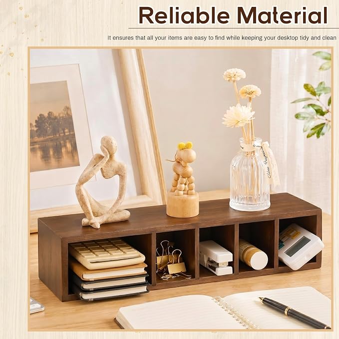 Jetec Wooden Pencil Pen Holder for Desk 6 Compartments Cosmetic Makeup Brush Stationery Office Desktop Organizers for Countertop Adjustable Silverware Caddy for Party, Home, Art Supplies(Walnut)