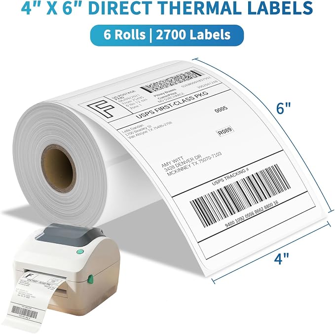 9527 Product 4x6 Direct Thermal Shipping Labels for Zebra 2844 ZP-450 ZP-500 ZP-505,Blank,450 Labels/Roll, 1" Core,Total 6 Rolls