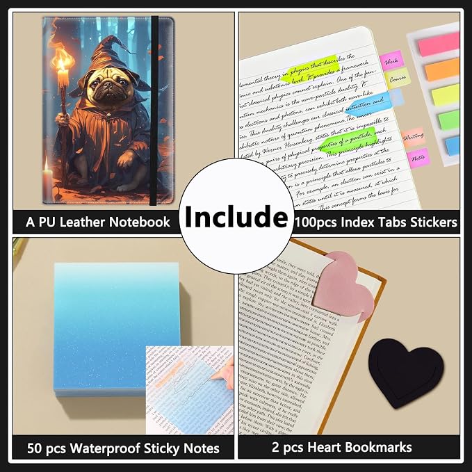 A5 Leather Lined Journal Notebook, 200 Pages Hardcover Executive Notebook for Men Women Office School Note Taking, Thick Writing Paper Daily Journal with Bookmarks/Indexes, Pug Wizard