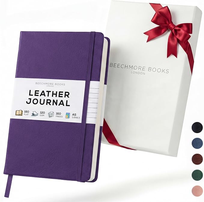 BEECHMORE BOOKS Premium Lined Leather Journal for Men & Women, 5" x 8" (A5) Thick 120gsm Ivory Cream Paper Notebook, Hardcover Vegan Leather Personal Diary, With Gift Box (Royal Plum)