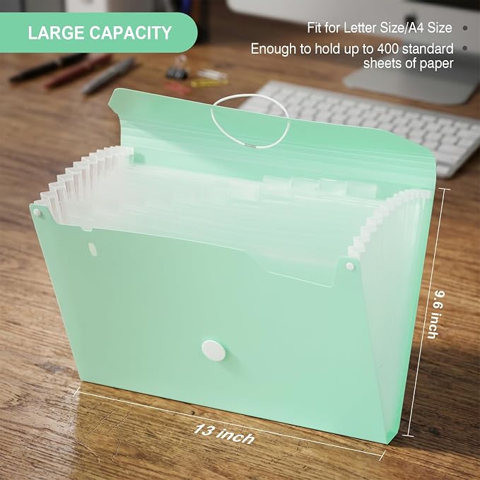 Comix Accordion File Organizer, 13 Pocket, Green | Expanding File Folder, A4/Letter Size Documents, Includes Labels, For Office, Home, School