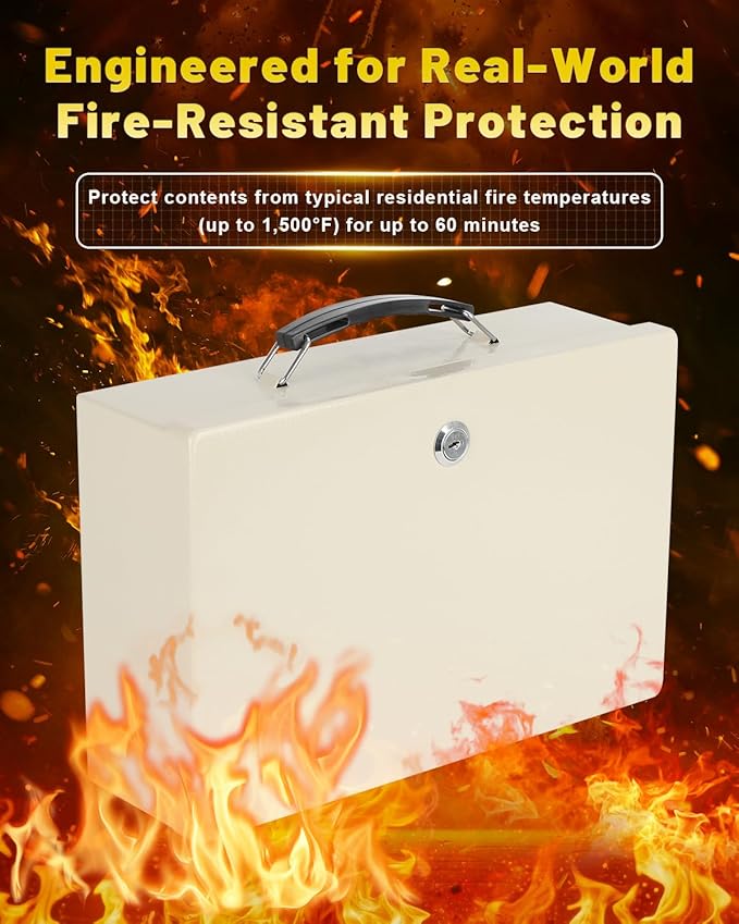 KYODOLED Fireproof Document Box with Key Lock, Small Safe Box for Valuables, Fire and Water Resistance, Fireproof Lock Box for Passport, Cash, Tablet, Exterior 12.6'' x 8.3'' x 3.58'' Beige