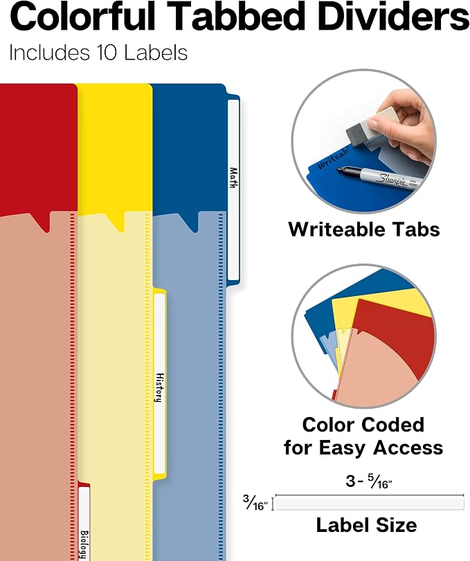 Dunwell 3-Subject Spiral Notebook College Ruled 8.5x11 (Red), 150 Sheets (300 Pages), Tabs, Color Movable Divider Pockets, Protective Plastic Covers, 3-Hole Punched Tear-Off Paper