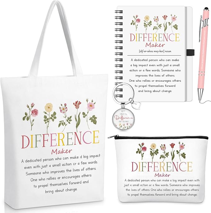 Watersay 5 Pcs Difference Maker Gifts, Cosmetic Bag, Canvas Bag, Coil Notebook, Ballpoint Pen and Keychain for Women Office School Graduation Advocate Coworker Christmas Anniversaries Gift