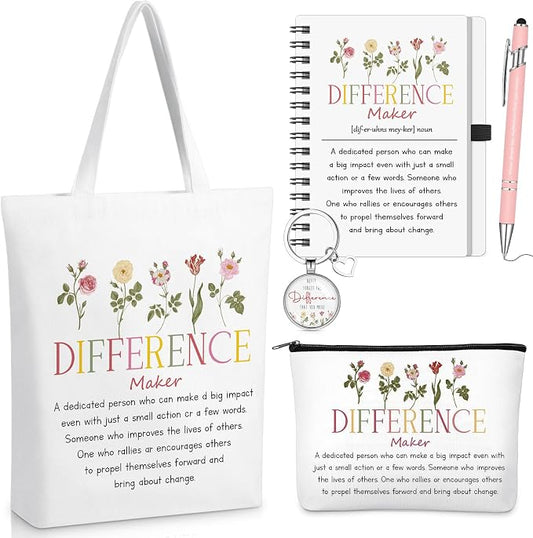Watersay 5 Pcs Difference Maker Gifts, Cosmetic Bag, Canvas Bag, Coil Notebook, Ballpoint Pen and Keychain for Women Office School Graduation Advocate Coworker Christmas Anniversaries Gift