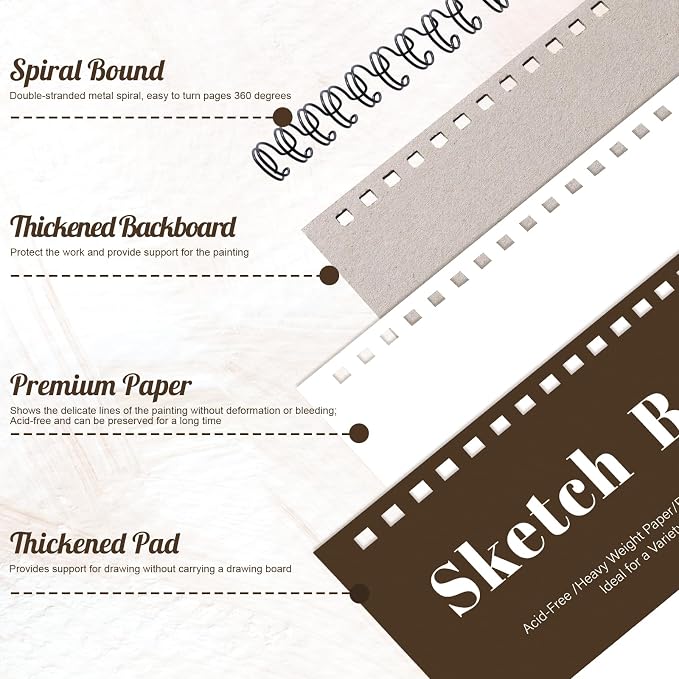 12 Pack Sketch Book, 9 x 12 Inch Sketchbook, 68lb/100gsm Top Spiral Bound Sketch Pad, Acid Free Art Supplies Drawing Painting Sketching Paper for Kids, Adults, Beginners, Artists (Tan)
