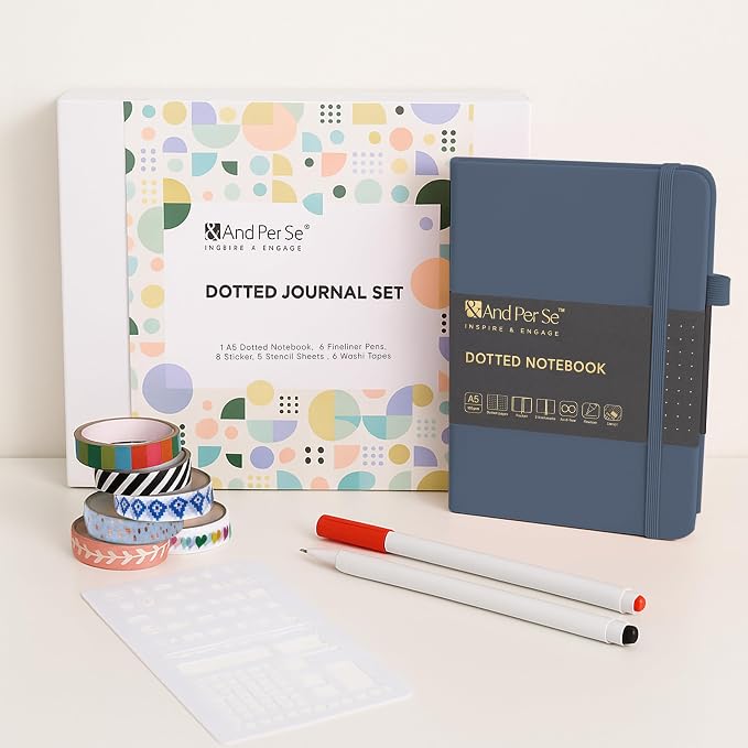 &And Per Se Dotted Journal Kit, A5 Hardcover Dot Grid Journal Notebook Set for Beginners with Journaling Supplies Stencils, Stickers, Washi Tapes & Colored Pens Accessories (Dark Blue)