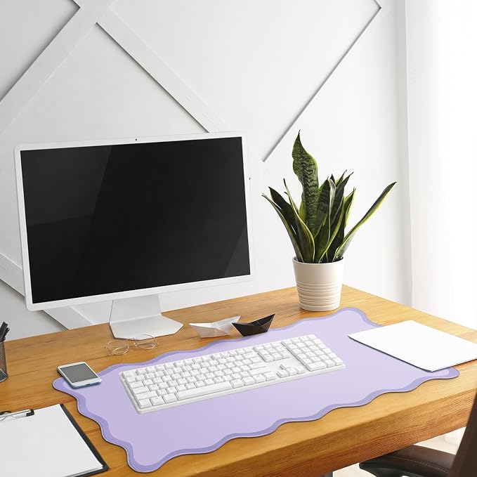 Hahafelt Scalloped Desk Mat Large Desk Pad Cute Coquette Table Mat Back to School Preppy Table Make up Pad Nonslip Graduation Gift with Stitching Waterproof Gaming(Purple,31.5 x 15.8 Inches)