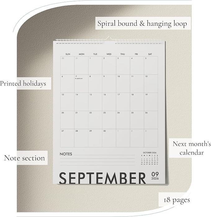Modern Vertical Wall Calendar 2026-2027 - 18 Month Calendar January 2026 to June 2027, 11x13.5 Inches Sleek Black & White Design with Spiral Twin-Wire Binding