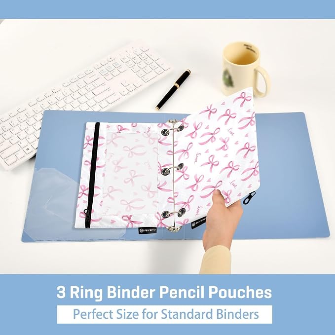Pink Bow B Pencil Pouch for 3 Ring Binder 2 Pack Zipper Binder Pencil Bag Case with Clear Window Office Supplies