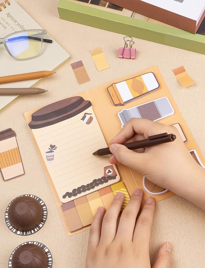 Coffee Themed Gifts for Coffee Lovers, Coffce Sticky Notes Pads with 3 Ballpoint Pens, Self-Stick Notes Pads Animal Divider Tabs Bundle Writing Memo Pad Back to School Office Supplies (550PCS)