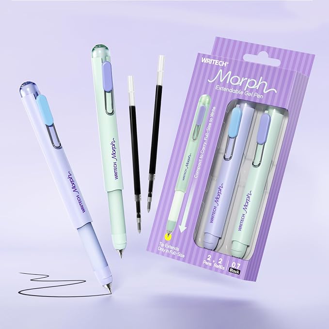 WRITECH Gel Pens Medium Point: Morph 0.7mm Black Ink Mini to Full Size Soft Grip Portable Extendable Pocket Pen Set with 2 Pens and 2 Refills