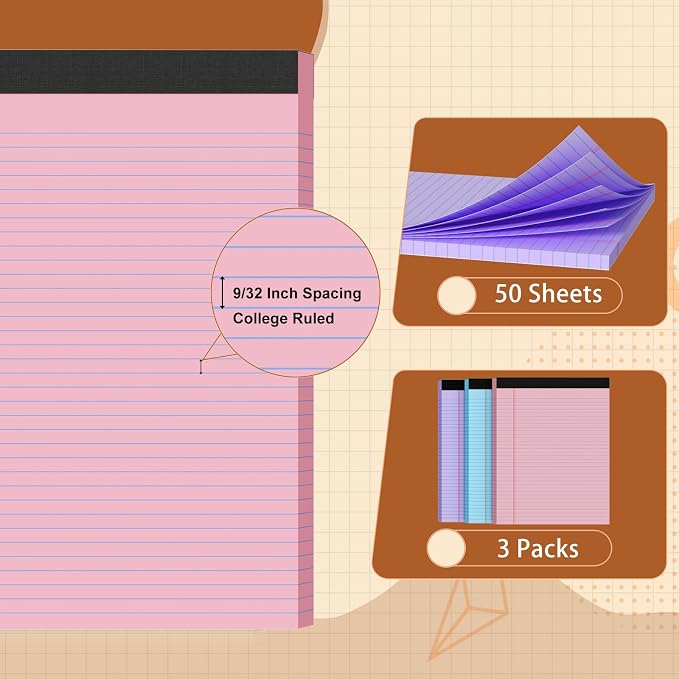 Legal Pads 8.5 X11, Narrow Ruled Notepads, 3 Pack, 50 Sheet/Pad | Colorful Legal Pads, Tear Off Notepad, Perforated Writing Pad, Notebook Paper College Ruled, Notepads For Office Home School