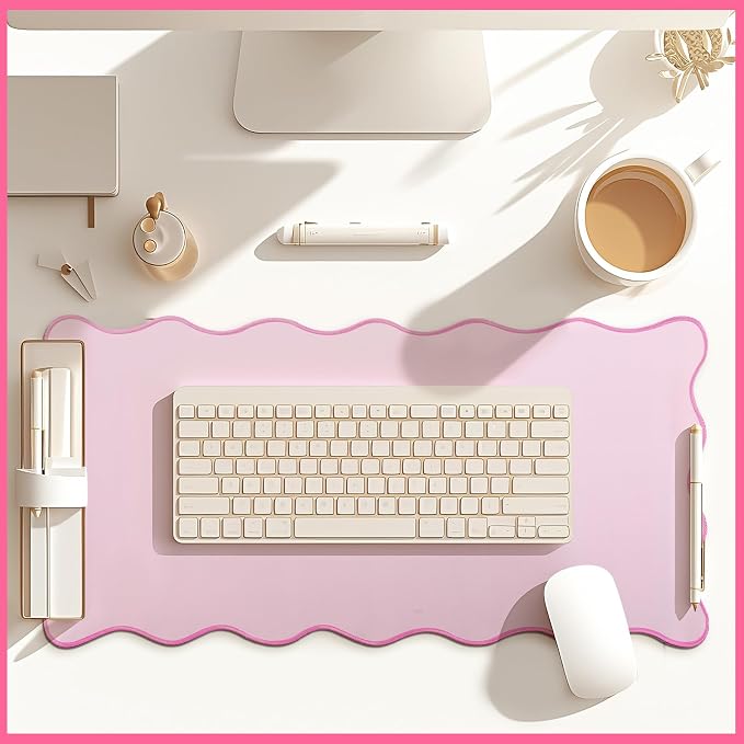 Hahafelt Scalloped Desk Mat Large Desk Pad Cute Coquette Table Mat Back to School Preppy Table Make up Pad Nonslip Graduation Gift with Stitching Waterproof Gaming(Pink,23.6 x 13.8 Inches)