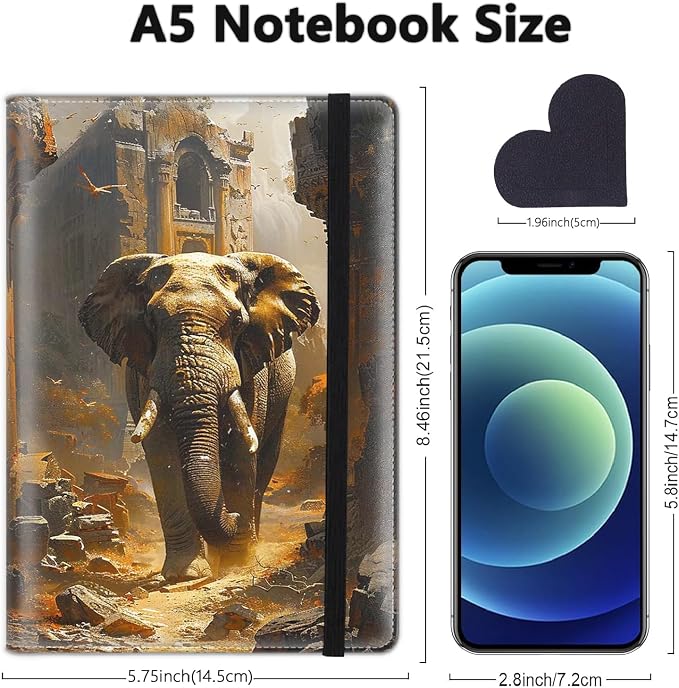 A5 Leather Lined Journal Notebook, 200 Pages Hardcover Executive Notebook for Men Women Office School Note Taking, Thick Writing Paper Daily Journal with Bookmarks/Indexes, Animal Elephant