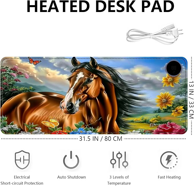 Heated Mouse Pad with 3 Levels Heated & 3 Hours Auto Shut-Off Mouse Pad for Warming Hands in Office Home, 31.5" x 13"Large Safe Desk Mat Hand Warmer，Fine Horse