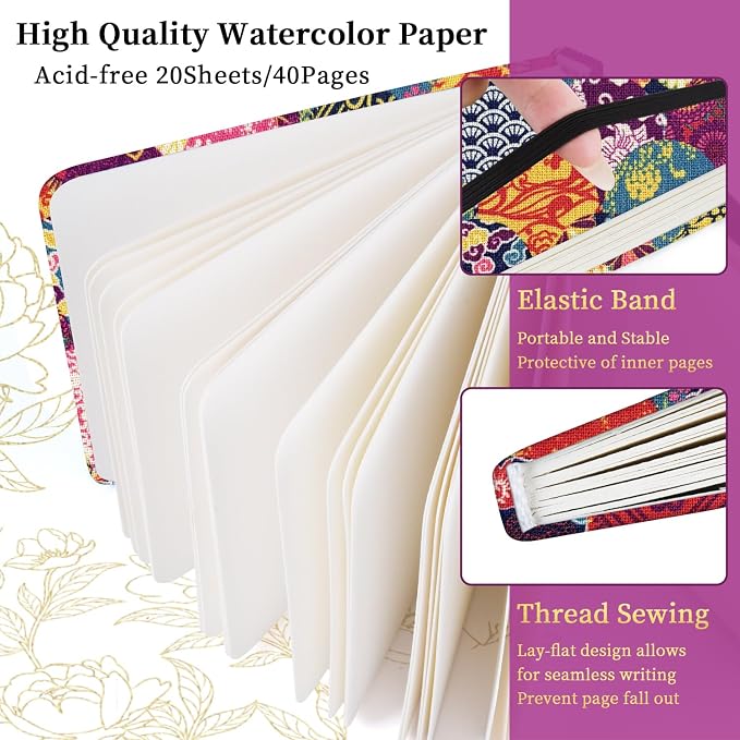 5x5 Handy Portable Handmade Cloth Fabric Hardcover Sewing Binding Travel Watercolor Paper 140LB/300gsm 20Sheets/40Pages Journal Mixed Media Pad Sketchbook. Japanese-Style Motifs