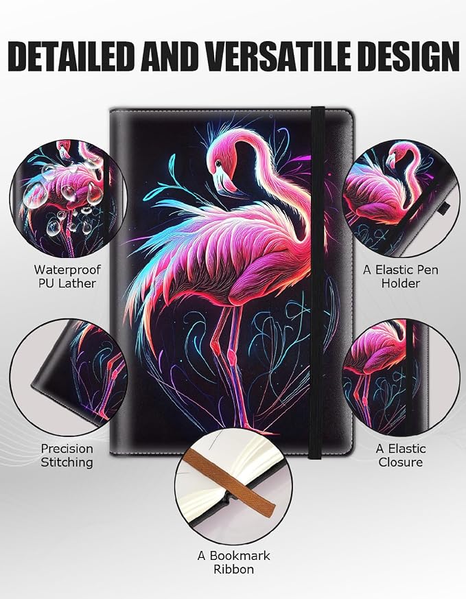 Hardcover Executive Notebooks, A5 PU Leather Lined Journal Notebook, 200 Pages Thick Paper Subject Notebooks for School,Work,Home Writing Business Notebook, Diary Book ，Pink Flamingo