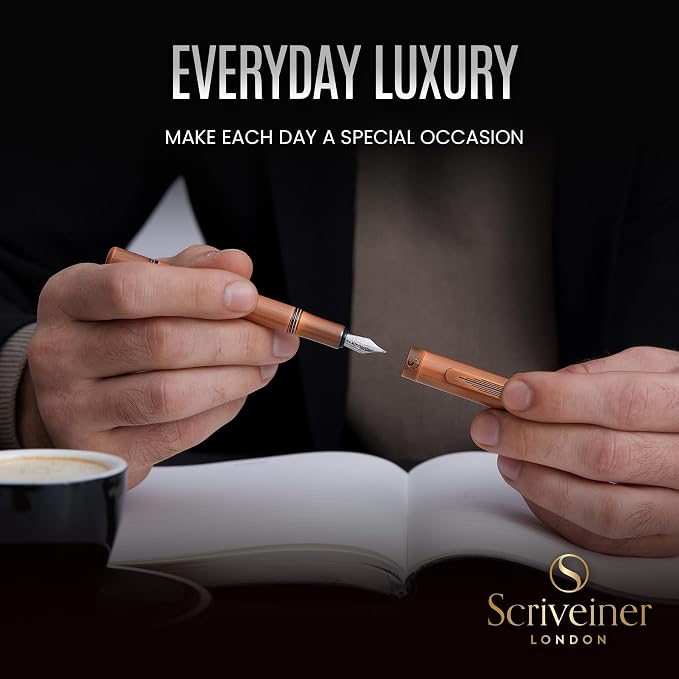 Scriveiner Luxury EDC Fountain Pen (Medium), Stunning Heavy Brass Pocket Pen, Hand Brushed Copper Finish, Schmidt German Nib Converter, Best Writing Pen Gift Set for Men Women, Nice Fancy Designer Pen