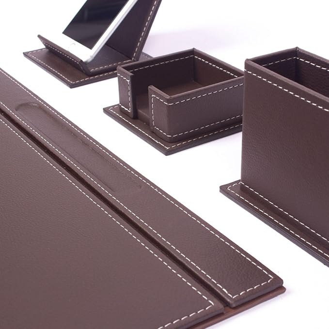 Leather Desk Organizer - 14 PCS Bonded Leather Desk Set - Home & Office Accessories - Brown