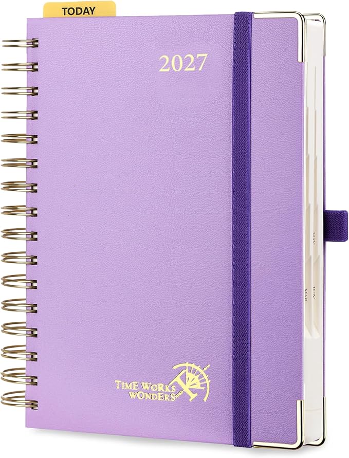 POPRUN 2027 Daily Planner One Page Per Day, 5.75" x 8.5", Calendar Book from Jan 2027 - Dec 2027, Hardcover Appointment Book with Hourly Time Slots, Spiral Bound, Monthly Tabs - Violet