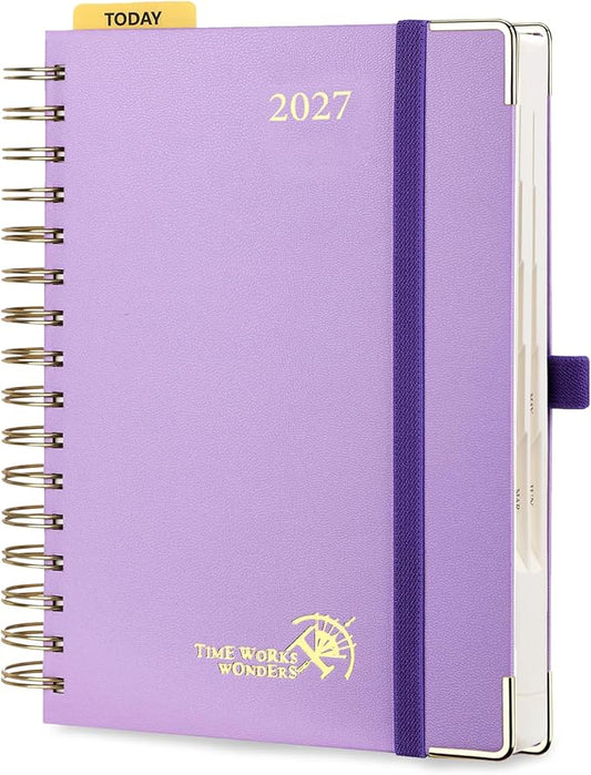 POPRUN 2027 Daily Planner One Page Per Day, 5.75" x 8.5", Calendar Book from Jan 2027 - Dec 2027, Hardcover Appointment Book with Hourly Time Slots, Spiral Bound, Monthly Tabs - Violet