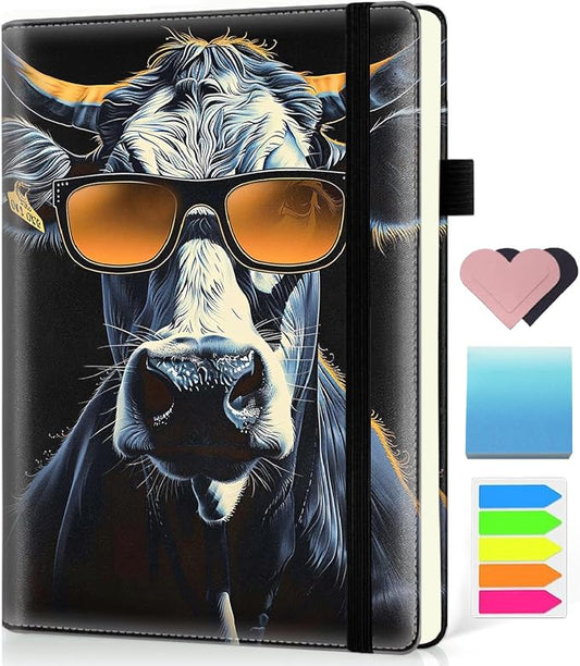 Hardcover Executive Notebooks, A5 PU Leather Lined Journal Notebook, 200 Pages Thick Paper Subject Notebooks for School,Work,Home Writing Business Notebook, Diary Book ，Cow Wearing Glasses