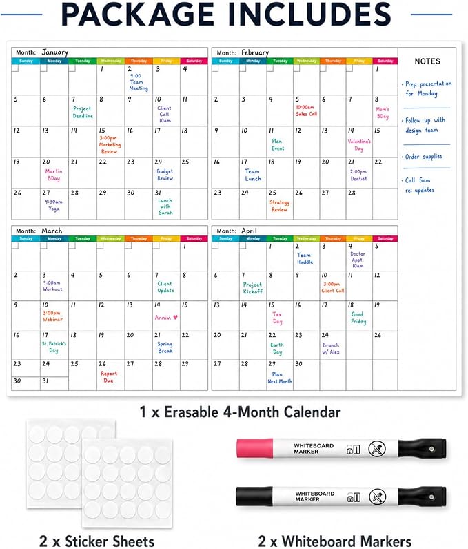 Dry Erase Calendar for Wall 38x 25" Undated 4 Month Wall Calendar | Colorful Layout, Reusable PET Erasable Surface, Large 4-Month View, Easy to Write and Wipe Clean