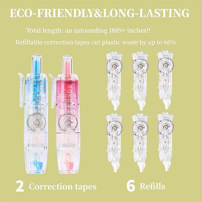 Refillable Correction Tape, 157 ft Total – 2 Pre-Filled Dispensers + 6 Snap-In Refills, School & Office Supplies, Pink & Blue