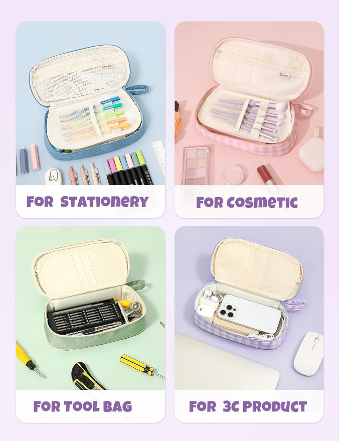 SUNEE Cute Pencil Case, Large Colored Pencil Pouch, Aesthetic Pen Bag with Zipper, Kawaii Stationery Storage and Organizer, School Supplies for Teen and Adult, Boys & Girls, Purple Checkered
