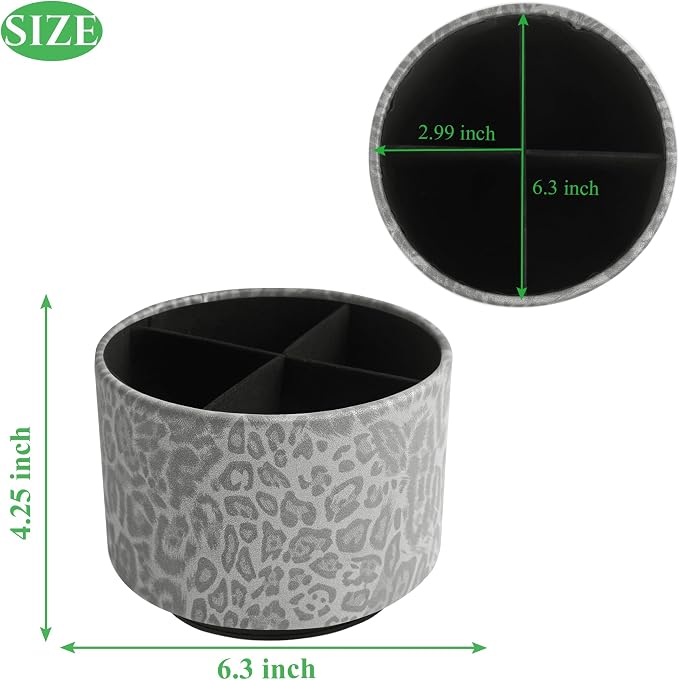 Round Leather Art Supply Organizer,Remote Control Holder,360 Degree Rotating,Multi-Functional Pencil Holder,4 Compartments Desktop Stationary Organizer(1-Leopard Grey)