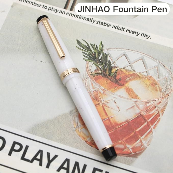 82 Fountain Pen - Iridium Fine Nib with Ink Converter | Acrylic Material Pen Barrel,Winter Snow,Gold Trim