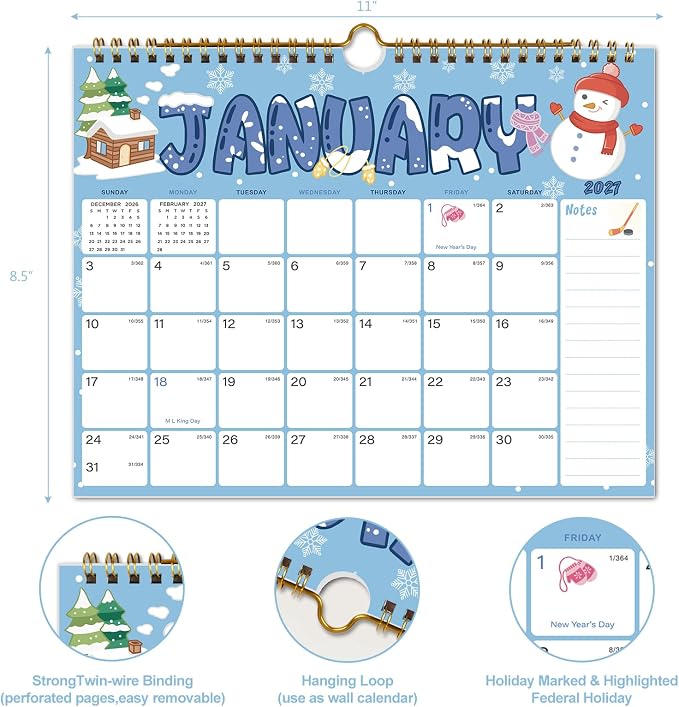 Vibrant Focus 2027 Calendar - 18 Monthly Wall Calendar, October 2026 - March 2028, 8.5" x 11", Calendar 2027 with Twin-Wire Binding, Hanging Hook, Blocks and Julian Dates(Calendar Seasonal)