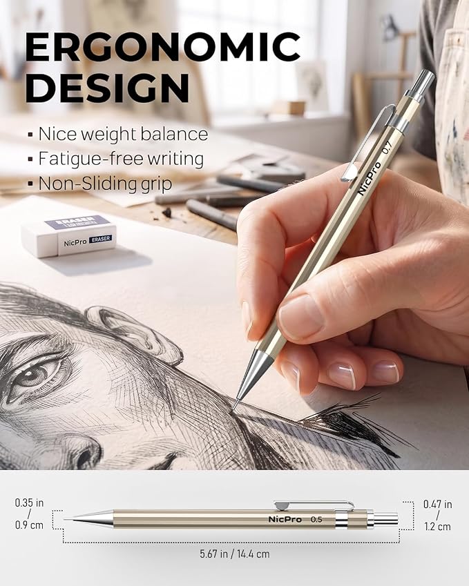 29PCS Metal Mechanical Pencil Set, Professional Drawing Kit in Leather Case | Mechanical Pencil Pack: 0.3 0.5 0.7 0.9 2mm Pencil Holder, (6B 4B 2B HB 2H 4H) Lead, Erasers, for Art Drafting Sketching