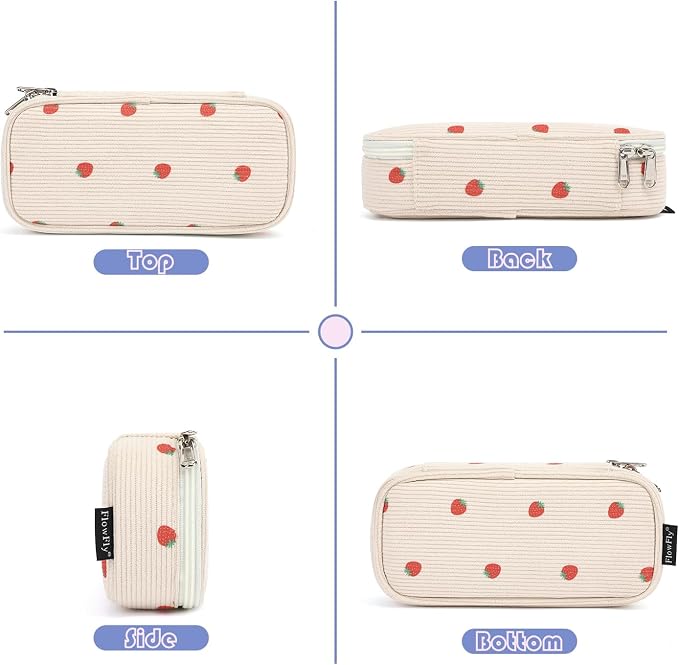 FlowFly Large Capacity Pencil Case for Kids, Boys & Girls – Zippered Multi-Functional Pen Pouch, Soft & Portable Pencil Bag for School, Teens, Students, Corduroy Strawberries Beige