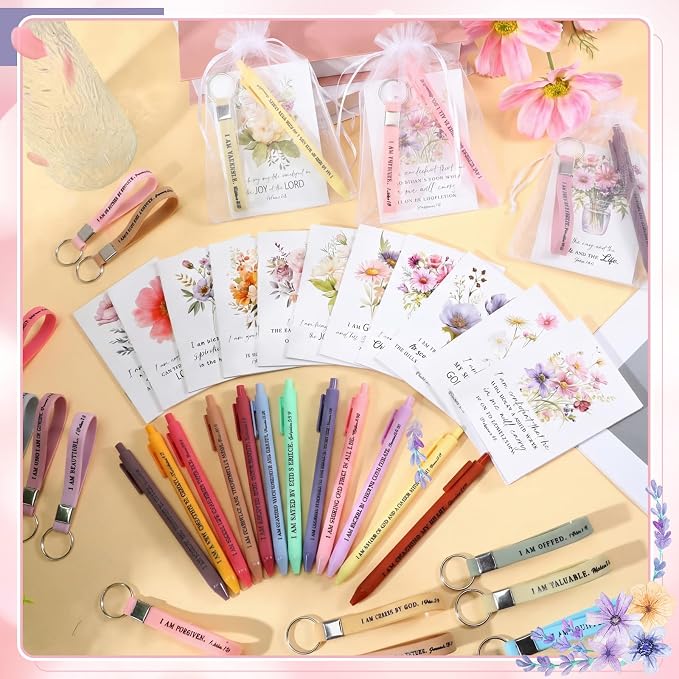 Mooliwe 12 Set Positive Affirmation Gift Set Gratitude Notebooks with Pens Keychains Small Bags Motivational Party Favors for Adult Women Coworkers Employee Group (Watercolor)