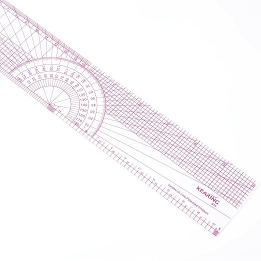 KEARING 12" 30cm Graph Ruler with Protractor - Dual Pattern Grading Tool | Clear 1.2mm flexible plastic grid ruler with built-in protractor. Dual metric imperial sandwich line scales