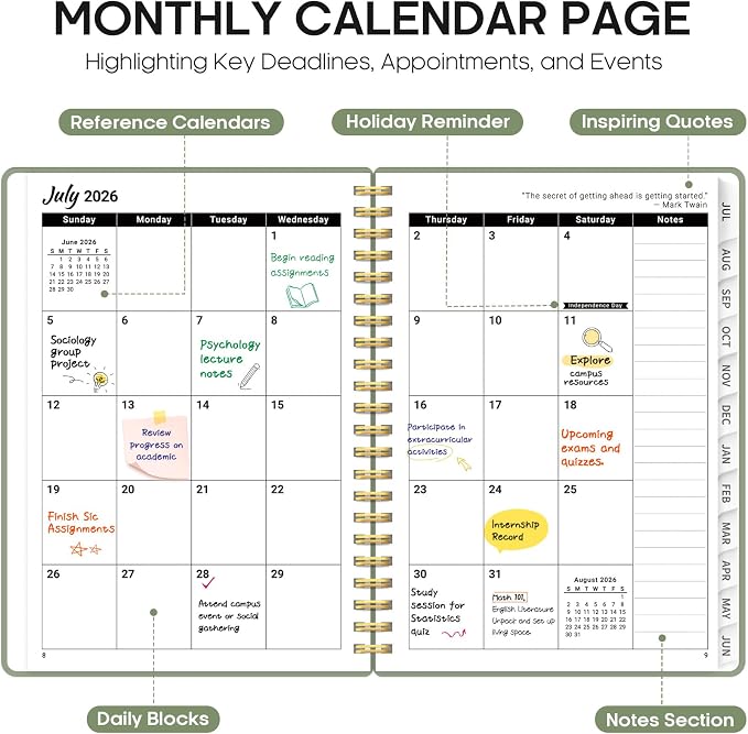 Planner 2026-2027, 6.3" x 8.5" Weekly and Monthly Academic Year Planner Calendar, July 2026 - June 2027, Hardcover Large School Planning Agenda With Tabs, Perfect for School & Office Supplies, A5, Green