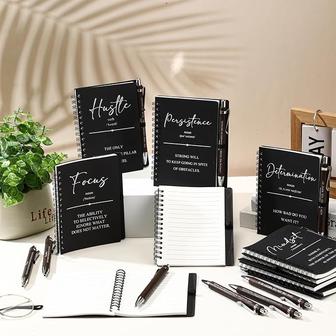 TecUnite 10 Sets Inspirational Spiral Notebooks with Bamboo Pens, Employee Appreciation Gifts for Teacher Nurse Police Correctional Officer Coworker, Graduation Thank You Notepad Journal Bulk (Black)