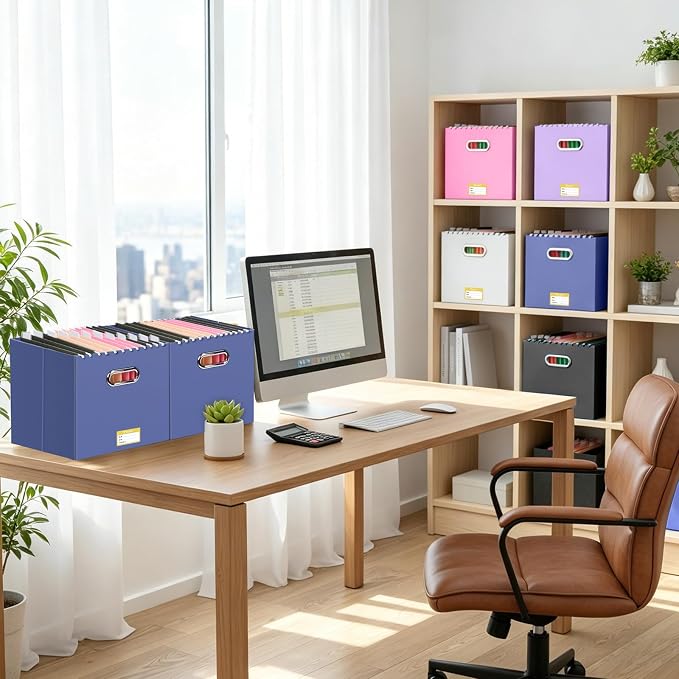 BALEINE File Organizer Box, Cardboard File Folder Organizer with Handle for Letter Size, Portable Collapsible Hanging Filing Box for Home Office Document Storage (8 Pack, Large Navy)