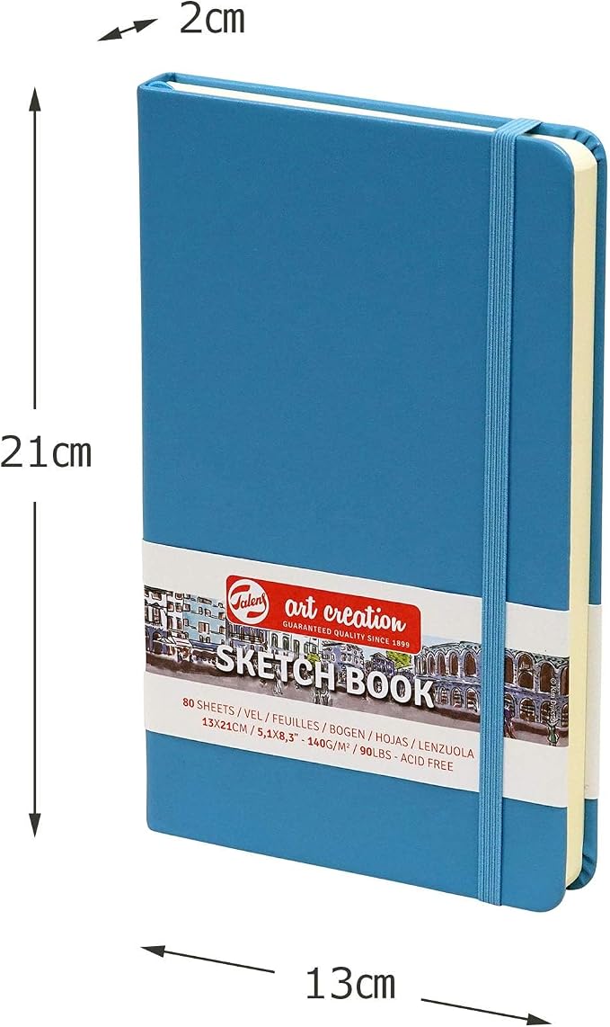 Talens Art Creation Sketchbook, Lake Blue, 80 Sheets, 5.1 x 8.3 in | Hard-Bound Pocket Notebook, 140 GSM/94 lbs Paper, Acid-Free Cream Blank Paper, Ribbon Bookmark and Elastic Closure