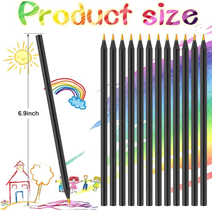 Art Supplies for Kids and Adults, 7 Color in 1 Black Wooden Rainbow Colored Pencils Pre-sharpened, with Sharpener, for Coloring Books, Easter Basket Stuffers, Drawing, Sketching (12pcs)