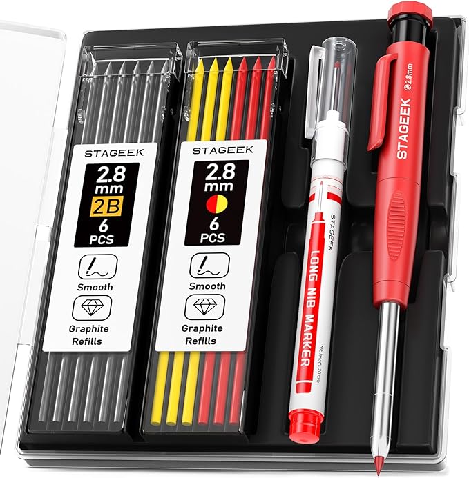 STAGEEK 2.8mm Carpenter Pencil Set with Storage Case, Built-in Sharpener | 13 Refills (Red, Black, Yellow), Deep Hole Long Nib Marker, Heavy Duty Woodworking Tools for Architect Electricians