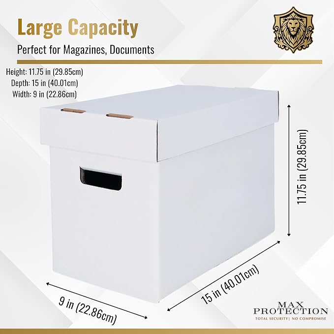 Max Protection Magazine Storage Boxes with Lids - Heavy Duty, 6 Pack | 200 lb Test Corrugated, Made in USA, File and Document Organizer, White, Tool-Free Assembly