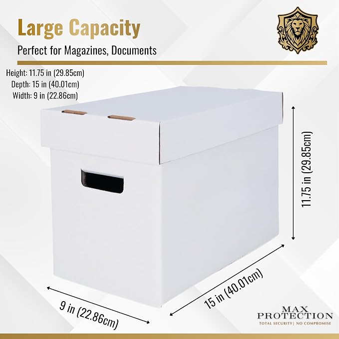 Max Protection Magazine Storage Boxes with Lids - Heavy Duty, 2 Pack | 200 lb Test Corrugated, Made in USA, File and Document Organizer, White, Tool-Free Assembly