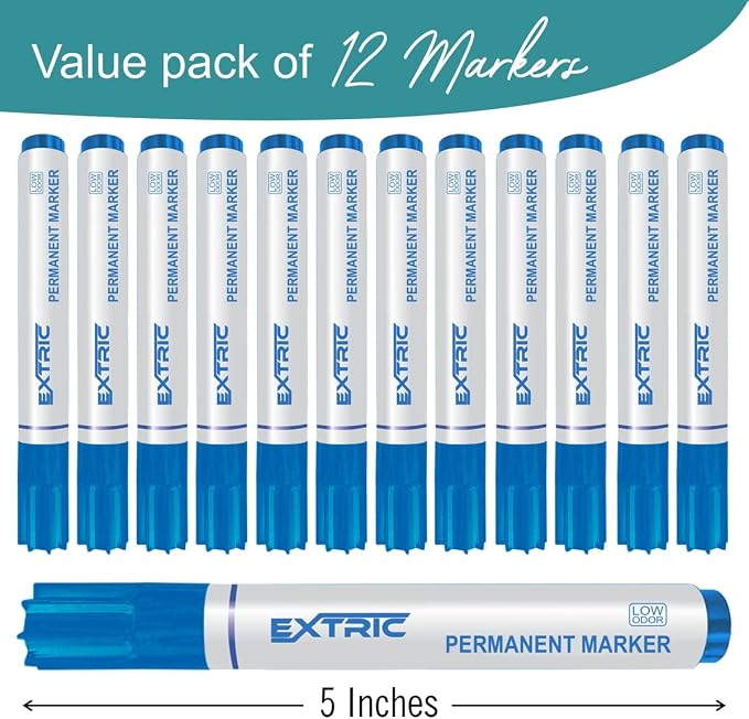 EXTRIC Permanent Markers, Chisel Tip, Blue, Quick Drying Ink, Works on Paper, wood, Plastic, metal and Glass, Great for Home, Office and School use
