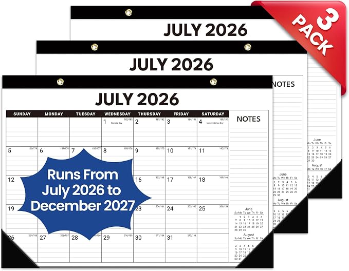 3 Pack of Desk Calendar 2026-2027, 18-Month Calendar Runs from July 2026 to December 2027, Large 17" x 12" Monthly Desktop & Wall Calendar for Home & Office - Black