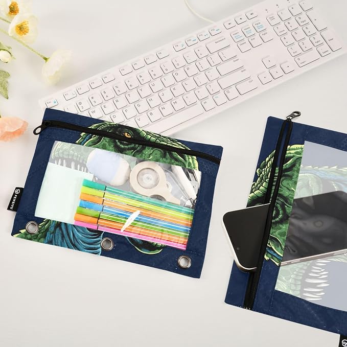 Green Dinosaur Pencil Pouch Fits standard 3-ring binders, Zipper Binder Pencil Bag with Clear Window for Office 2 Pack